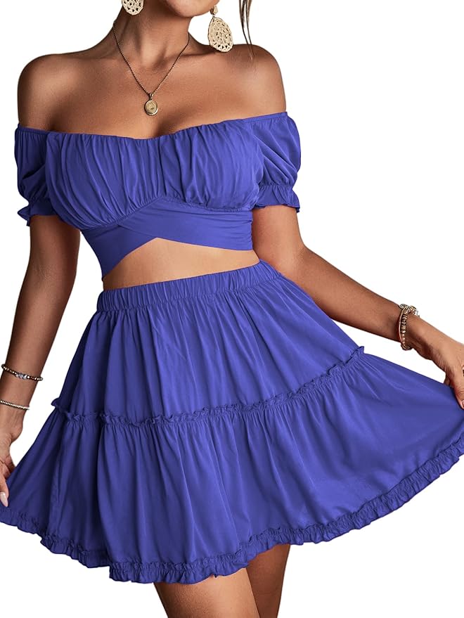 LYANER Women's 2 Piece Outfits Floral Off Shoulder Tie Up Crop Top and Mini Skirt Set