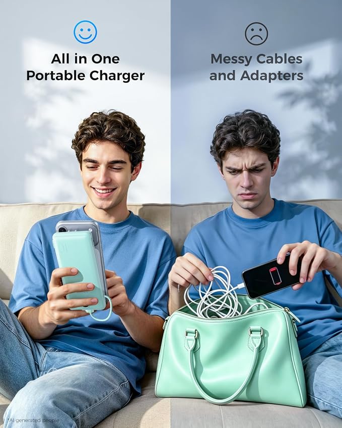 VEGER Portable Charger for iPhone, Power Bank Built in Cables and Wall Plug 10000mAh,Ultra Slim&Compact,5 Outputs,LED Display,Power Bank for iPhone,Samsung,Travel Essentials for Camping Cruise Business