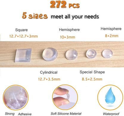 Cabinet Door Bumpers Clear Self Adhesive Noise Dampening Bumper Pads 272Pcs Silicone Rubber Bumpers for Drawers Picture Frames Cutting Board and Furniture Surface Protection 5 Sizes Pack