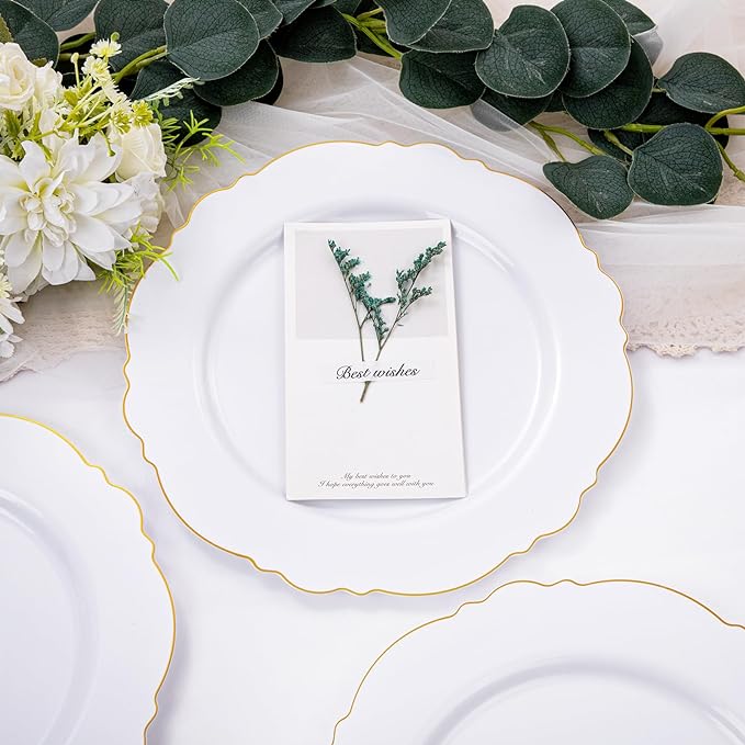 WDF 60pcs Gold Plastic Plates Gold Rimmed Plastic Plates -10.25inch Baroque White And Gold Plastic Wedding Plates Disposable Dinner Plates for Upscale Parties &Wedding