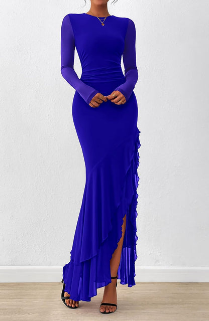 BTFBM Women's Maxi Dresses Fall 2026 Long Sleeve Ruched Bodycon Solid Ruffle Mermaid Cocktail Wedding Guest Dress .