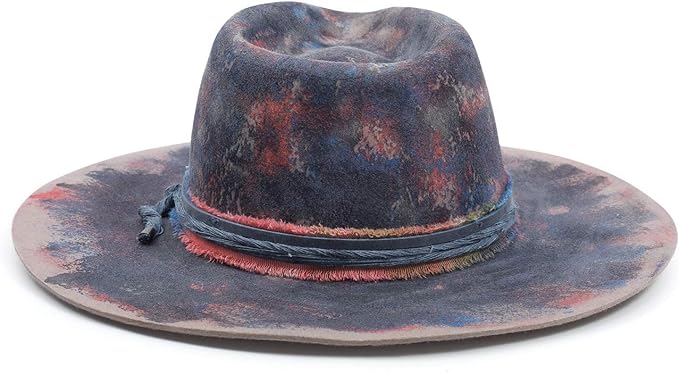RUEDIGER Wide Brim Fedora Hats for Men Women 100% Wool Felt Panama Rancher Hat with Lightning Logo Distressed/Burned Handmade