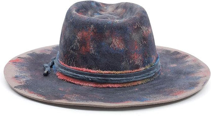 RUEDIGER Wide Brim Fedora Hats for Men Women 100% Wool Felt Panama Rancher Hat with Lightning Logo Distressed/Burned Handmade