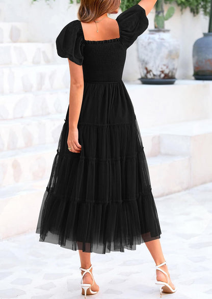 Midi dress with smocked bodice, puffy sleeves, and ruffled tulle skirt for weddings, parties, or casual wear.