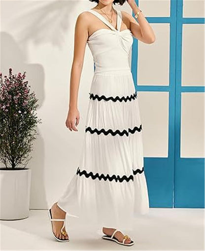 Womens RIC Rac Flowy Boho Maxi Skirts Elastic High Waist Wave Tiered A Line Long Beach Skirts