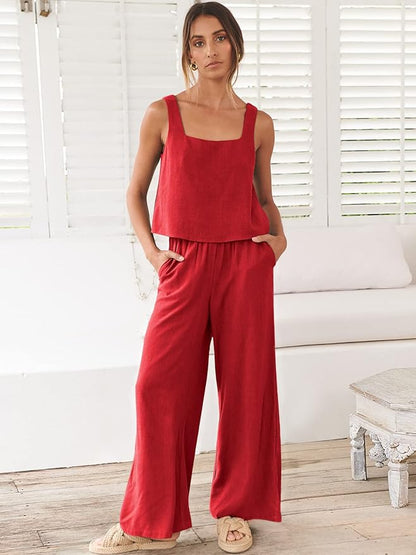 ANRABESS Women's 2 Piece Outfits Linen Pants Jumpsuit Matching Lounge Set Casual Summer Beach Vacation Trendy Clothes