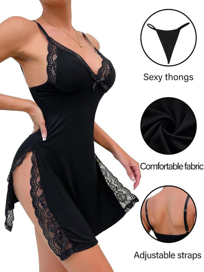 Foxiny Sexy Split Side Floral Lace Trim Full Slip Night Gown Babydoll Lingerie Dress with Thong 2 piece.
