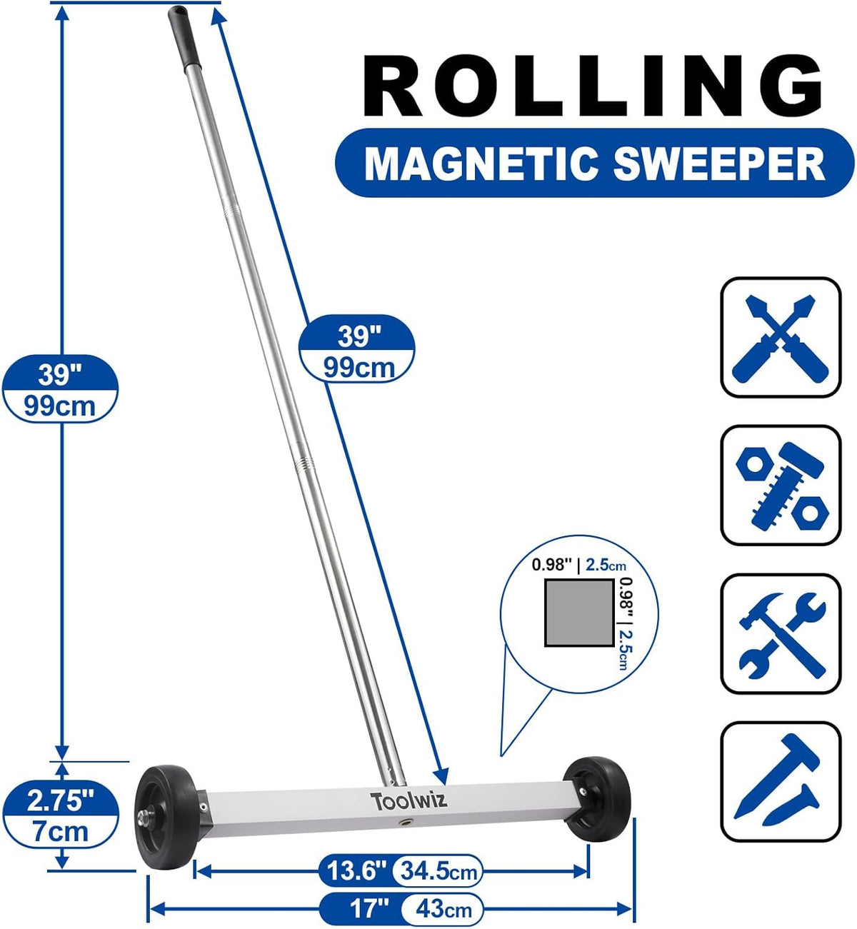 Toolwiz 17" Rolling Magnetic Sweeper 8.8lbs, with 16 lbs Telescopic Magnetic Pick Up Tools (all included)