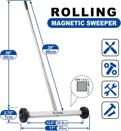 Toolwiz 17" Rolling Magnetic Sweeper 8.8lbs, with 16 lbs Telescopic Magnetic Pick Up Tools (all included)