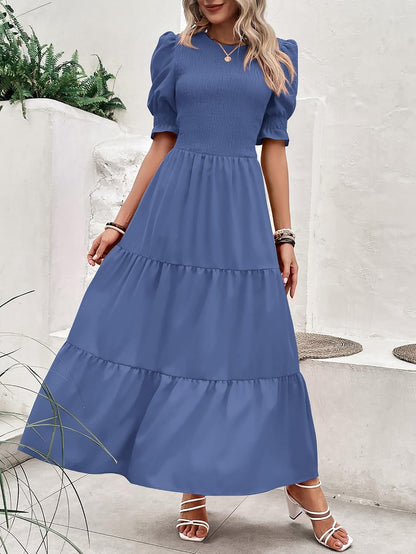 BTFBM Women Casual Summer Dresses 2026 Spring Crew Neck Ruffle Short Sleeve Smocked Floral Boho Flowy Maxi Dress Clothes