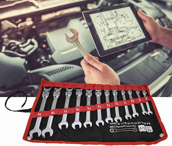 12Pcs Ratcheting Wrench Set, 8?19mm Ratchet Combination Wrenches Set,Metric Combination Chrome Steel 8?19mm with Storage Bag (movable head)