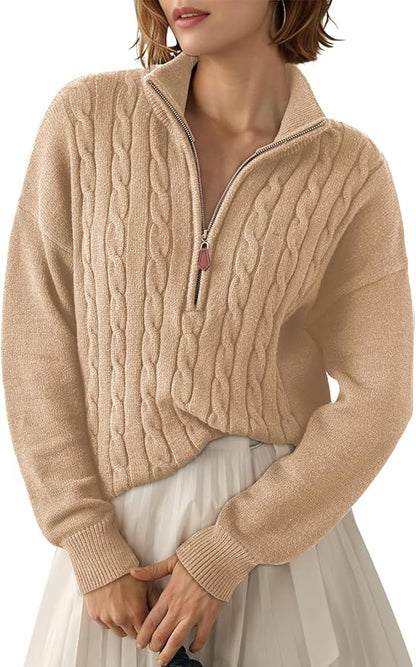 Dokotoo Women's Sweaters Fall Winter Quarter Zip Ribbed Cable Knit Pullover | Long Sleeve,Polo Neck,Lightweight Knit Pullover,Soft Comfy Tops,Fall Winter Outfits,Fashion Clothing