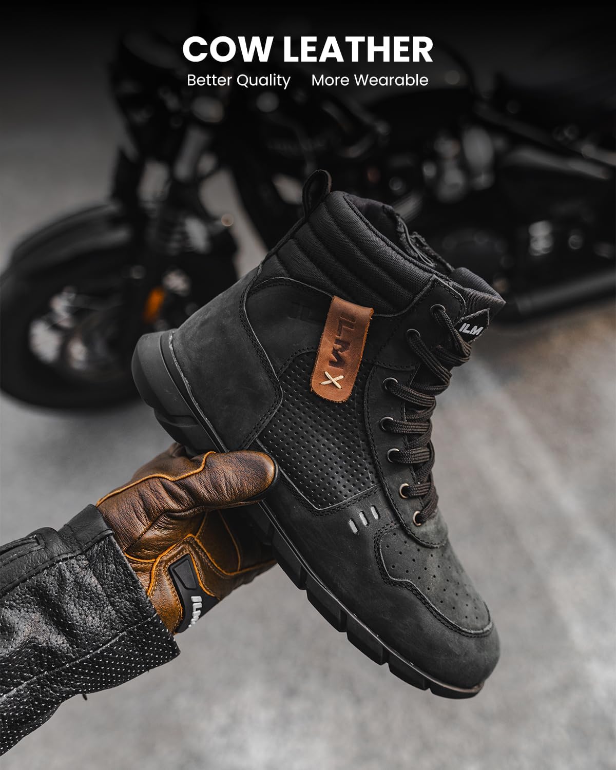 Size 11-Mens ILM Motorcycle Leather Shoes for Men Waterproof Anti-Slip with Ankle Support Model UB305