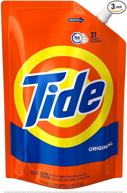 Tide Laundry Detergent Liquid, Original Scent, HE Turbo Clean, Pack of 3 Smart Pouches, 93 Loads Total