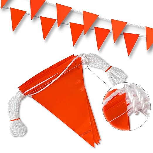 Fluorescent Orange OSHA Perimeter Marking Flags (102FT string) Warn of hazardous areas, traffic control.Marking construction sites, scaffolding, sporting events, private property.