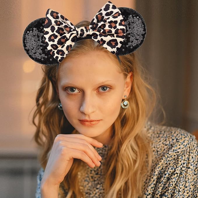 RAZKO Minnie Mouse Ears Headband, Sequin Mickey Ears for Women Girls Hair Accessories (Leopard)