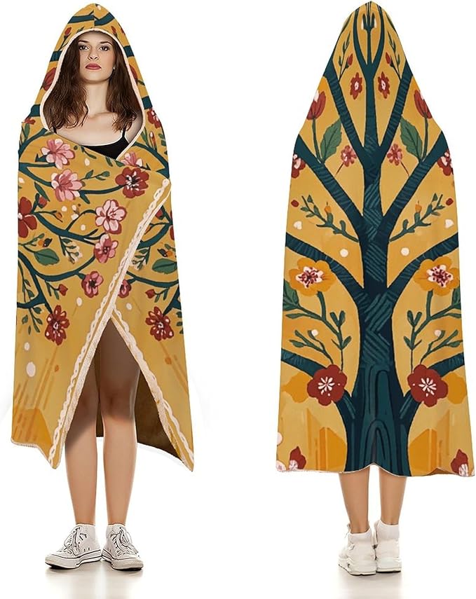 Wearable Blanket Hoodie Yellow Orange Tree of Life Plush Wrap Throws Blanket Poncho Blanket for Women And Men
