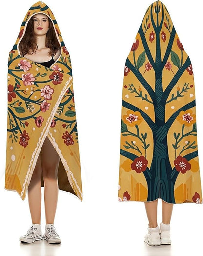 Wearable Blanket Hoodie Yellow Orange Tree of Life Plush Wrap Throws Blanket Poncho Blanket for Women And Men