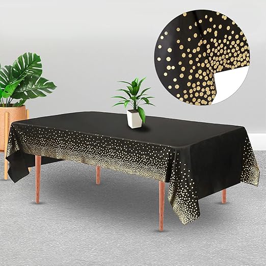2 Packaging Black and Gold Plastic Tablecloth, 54 inch x108 inch Rectangular Disposable dot Party Table Cover, Suitable for Birthday, Graduation, Restaurant, Wedding Decoration Tablecloth