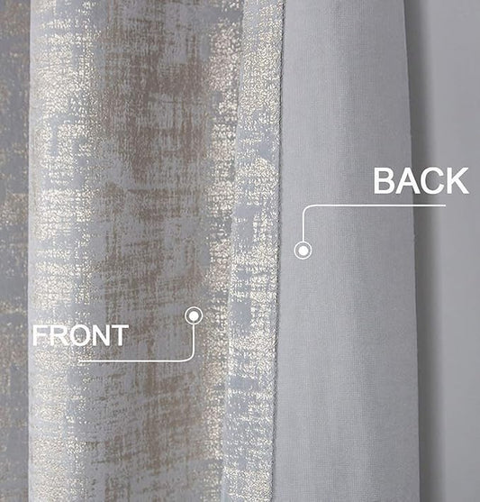 always4u Soft Velvet Curtains 95 Inch Length Luxury Bedroom Curtains Gold Foil Print Window Treatments for Living Room 1 Panel Silver