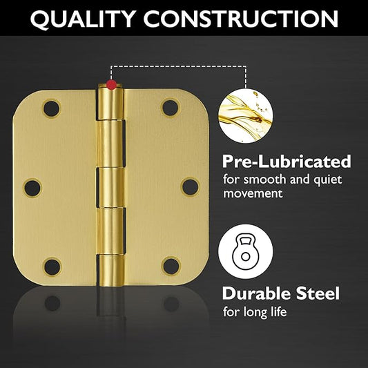 Door Hinges for Interior Doors 9-Pack 3.5-inch x 3.5-inch – Rounded 5/8-inch Radius Steel Door Hinge – Satin Brass – Fits Standard Doors – Design House 191130
