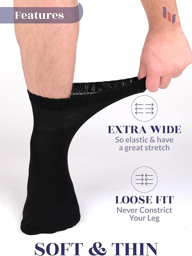 Hugh Ugoli Diabetic Socks for Men, Loose Ankle Socks, Bamboo, Extra-Wide, Thin, Seamless Toe, Non-Binding Top, 4 or 8 Pairs