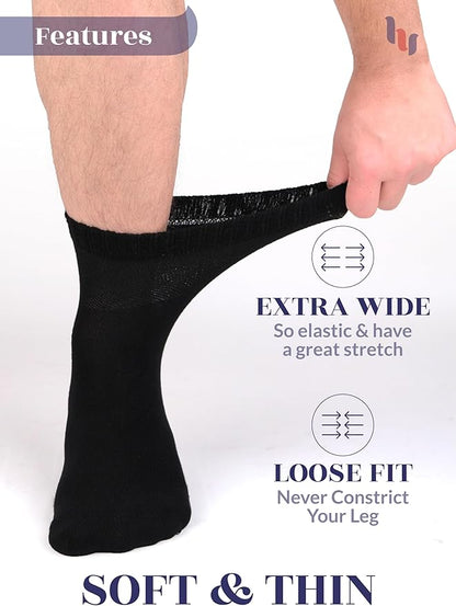 Hugh Ugoli Diabetic Socks for Men, Loose Ankle Socks, Bamboo, Extra-Wide, Thin, Seamless Toe, Non-Binding Top, 4 or 8 Pairs