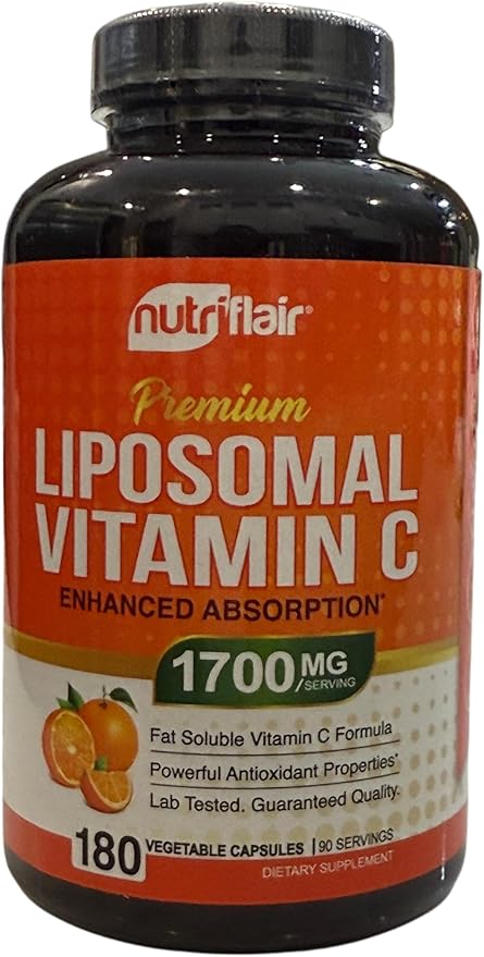 NutriFlair Liposomal Vitamin C, 180 Capsules - High Absorption, Fat Soluble VIT C, Antioxidant Supplement, Higher Bioavailability Immune System Support  Collagen Booster, Non-GMO, Vegan Pills