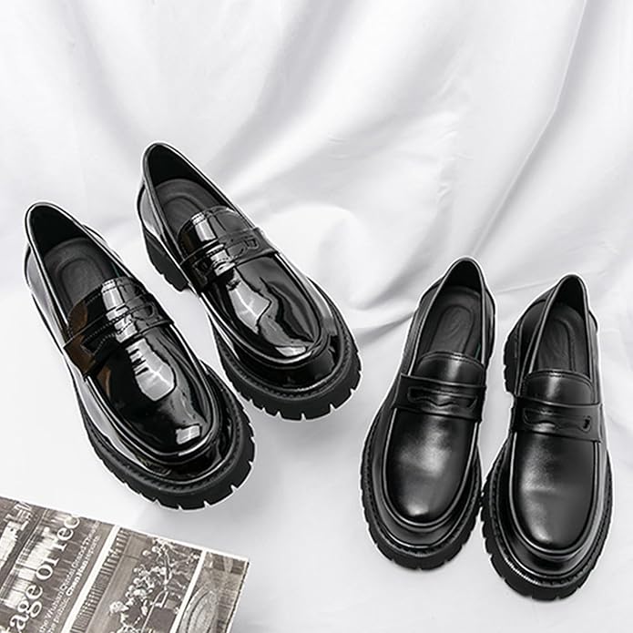 Men's Leather Platform Chunky Slip-On Penny Loafers Classic Round Toe Lug Sole Business Casual Formal Work Shoes