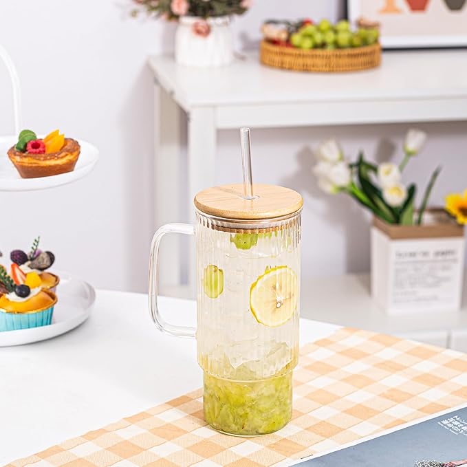 32oz Ribbed Glass Cup with Handle Bamboo Lid and Straw, Glass Tumbler, Iced Coffee Cups Hot/Cold Drink