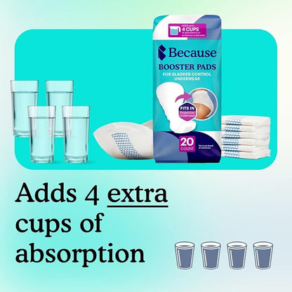 Because Premium Incontinence Booster Pads for Men and Women, Adds 4 Cups Extra Absorbency to Adult Diapers, Super Soft, Adhesive Strip Backing, Unisex, 20 Count