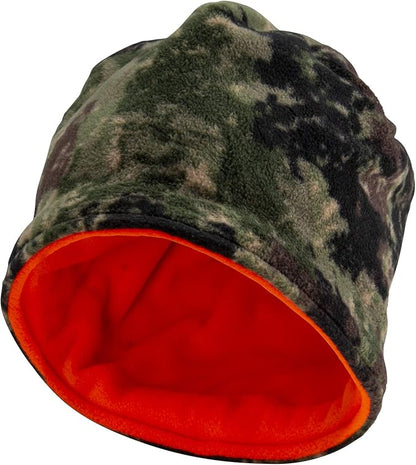 Reversible Men's Blaze Orange Beanie - Camoflauge Hunting Fleece Hat