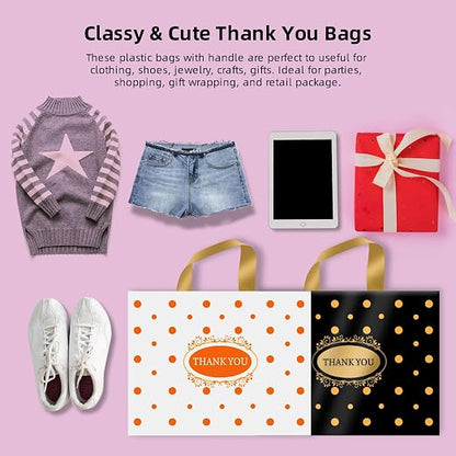 Thank You Bags for Small Business, 100 Pack Plastic Shopping Boutique Bags Retail Merchandise Bags Bulk with Handles 12"x15", Reusable Product Bags 3.1Mil for Customers, Party Favor (Black & White)
