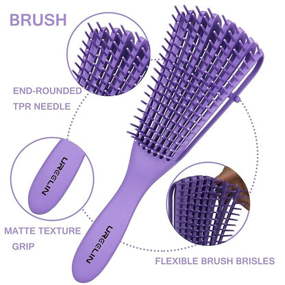 Detangling Brush set,Detangler Hair Brush with Teasing & Edge Brush for Curly Hiar, Rat Tail Comb Alligator Hair Clips for 3a to 4c Kinky Wavy/Curly/Coily/Wet/Dry/Oil/Thick/Long Hair(Purple)