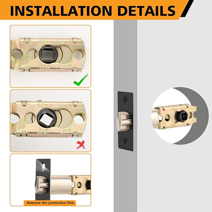 Adjustable Door Latch 2-38''(60mm)or 2-34''(70mm), 45 Turning Angle Universal Door Lock Replacement Part with 516'' Square Hole, Suitable for Interior Door and Front Door Leverset Latch.