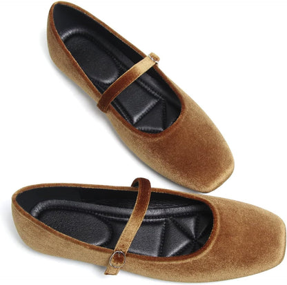 Mary Jane Square Toe Black Ballet Flats for Women Comfortable Ankle Strap Casual Slip On Flats