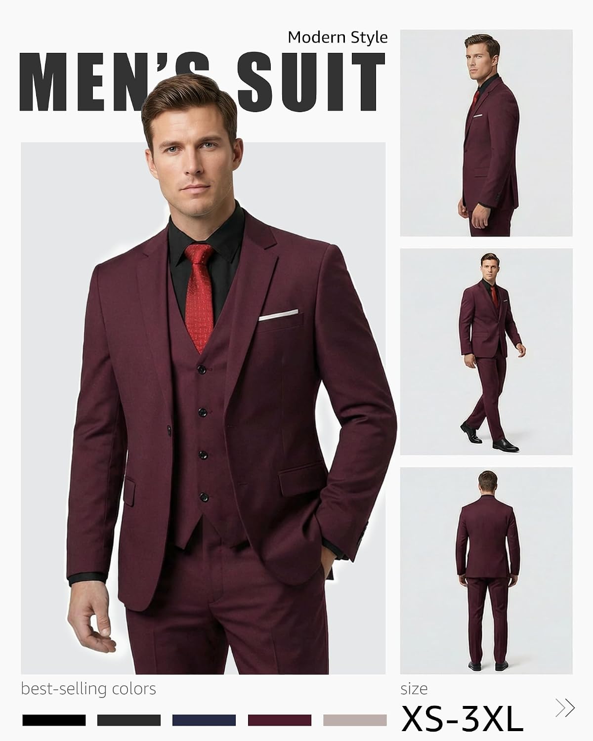 YND Men's Slim Fit 3 Piece Suit Set, One Button Solid Blazer Vest Pants with Tie 3 sustainability features