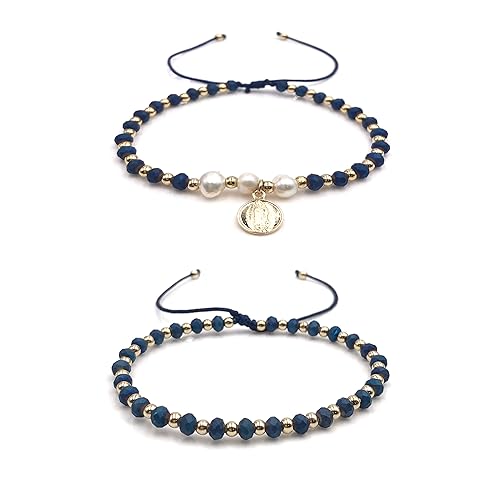Dainty Pearls Our Lady of Guadalupe Medal Adjustable Set of 2 Bracelets For Women (Blue)