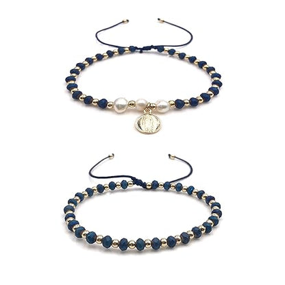 Dainty Pearls Our Lady of Guadalupe Medal Adjustable Set of 2 Bracelets For Women (Blue)