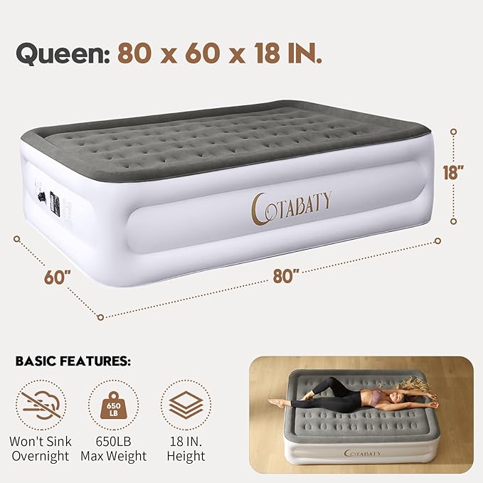 Queen Air Mattress with Built-in Pump, 18 inch Tall Inflatable Mattress Double Airbed, Luxury Self Inflating Air Bed Blow Up Mattress Portable for Home Camping Travel, 650lb Max Weight