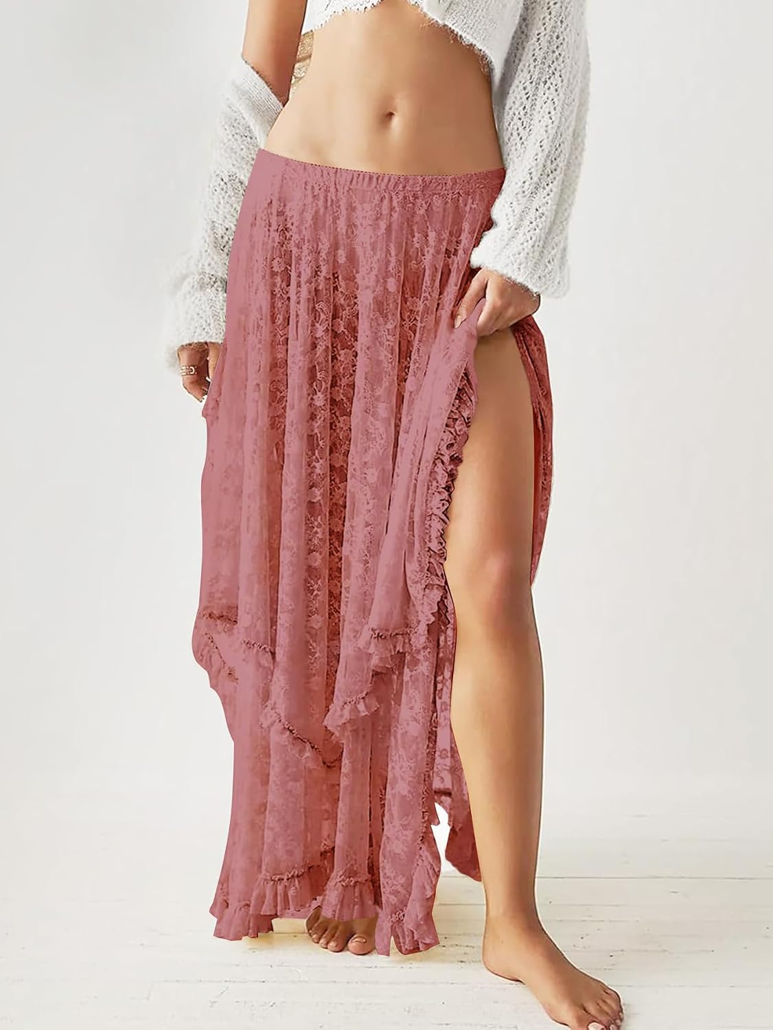 YKR Womens Lace Long Skirts Elastic Asymmetrical Layered Hem Sexy See-Through Flowy Skirts Floral Beach Maxi Skirt.