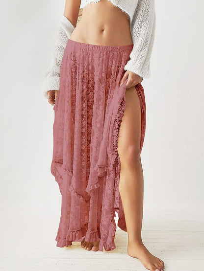 YKR Womens Lace Long Skirts Elastic Asymmetrical Layered Hem Sexy See-Through Flowy Skirts Floral Beach Maxi Skirt.