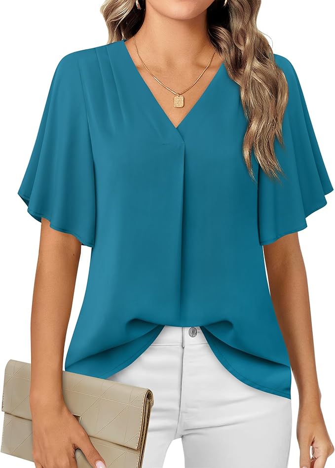 Timeson Women's V Neck Chiffon Blouse Ruffle Sleeve Ladies Work Shirts