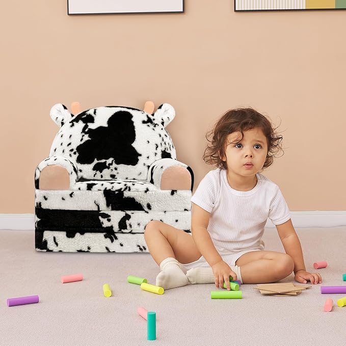Toddler Chair Plush with Removable Cover, 2-in-1 Toddler Couch Fold Out, Cow Shell, Comfy Couch for Kids Over 18 Months, Kids Furniture for Bedroom, Playroom?Cow?
