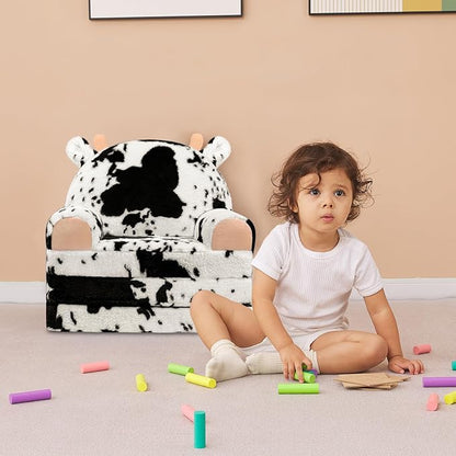 Toddler Chair Plush with Removable Cover, 2-in-1 Toddler Couch Fold Out, Cow Shell, Comfy Couch for Kids Over 18 Months, Kids Furniture for Bedroom, Playroom?Cow?