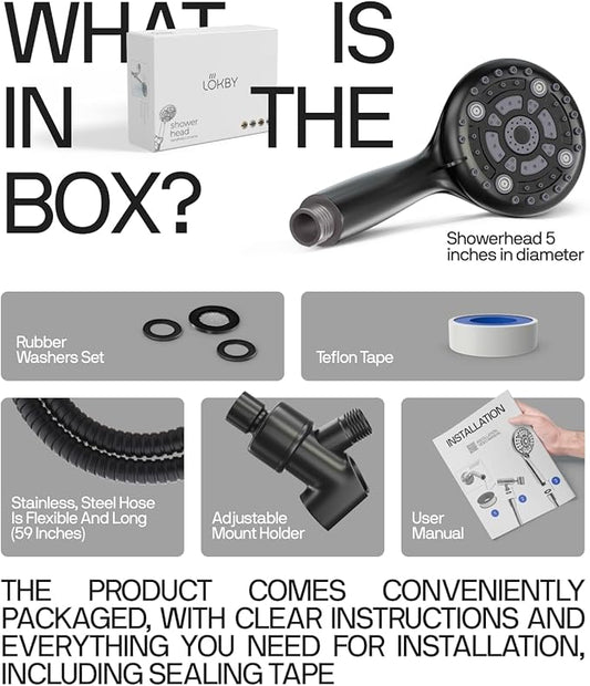 LOKBY High Pressure 6-Settings Shower Head with Handheld - 5'' Powerful Detachable Shower Head Set for low water pressure - 59'' Stainless Steel Hose - Tool-less 1-Min Installation - Black https://a.co/d/5SZ7hgo