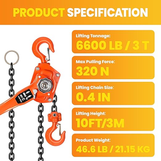 3Ton6600LBS Capacity 10FT Manual Lever Chain Hoist with 2 Hooks Manual Ratchet Chain Puller Hoist Heavy Duty G80 Chain Come Along Winch Ratchet Hoist for Warehouses, Etc (3Ton10FT)
