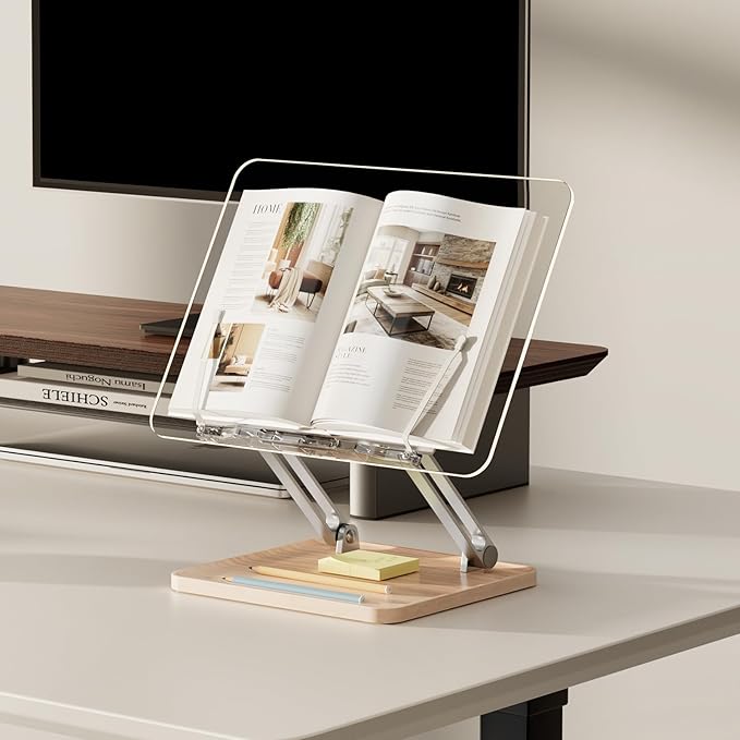 Adjustable Acrylic Book Stand for Reading, UPERGO Book Holder with Pen Slot, Foldable Desktop Riser for Laptop, Recipe, Textbook - Hands-Free,Cookbook Stand, Clear Design with Page Clips