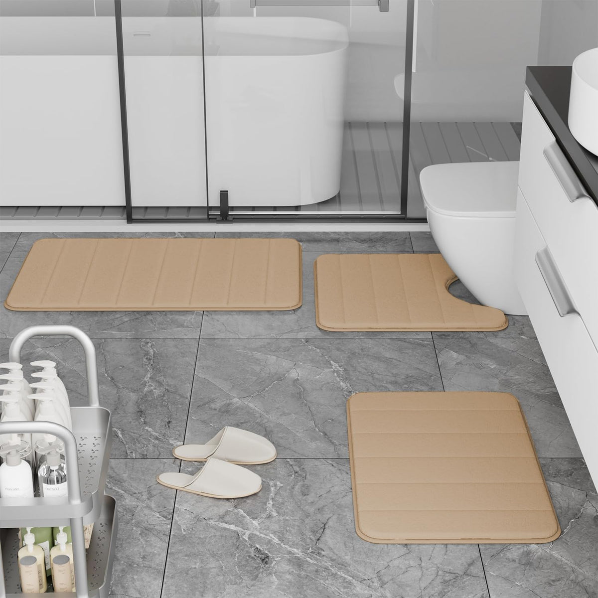 Memory Foam Bath Mat Set 3 Piece, Soft and Comfortable, Super Water Absorption, Non-Slip, Thick, Machine Wash, Easier to Dry for Bathroom Floor Rug, Beige Toilet Rug Bathroom Set (PVC backing design looks different than picture)