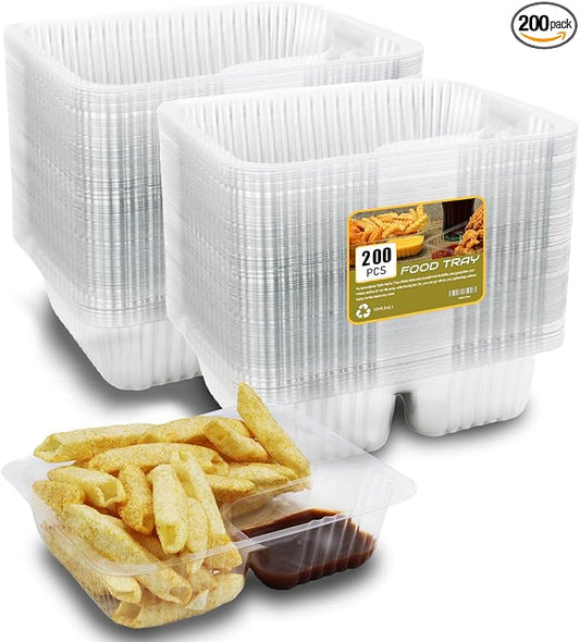 200 PC Nacho Trays Disposable, 12oz Plastic Nacho Containers with Chip and Dip Holder, 6x5 In 2 Compartments Clear Snack Trays for Kids,Parties, Movie Night Supplies (Plastic-12oz-200pc)